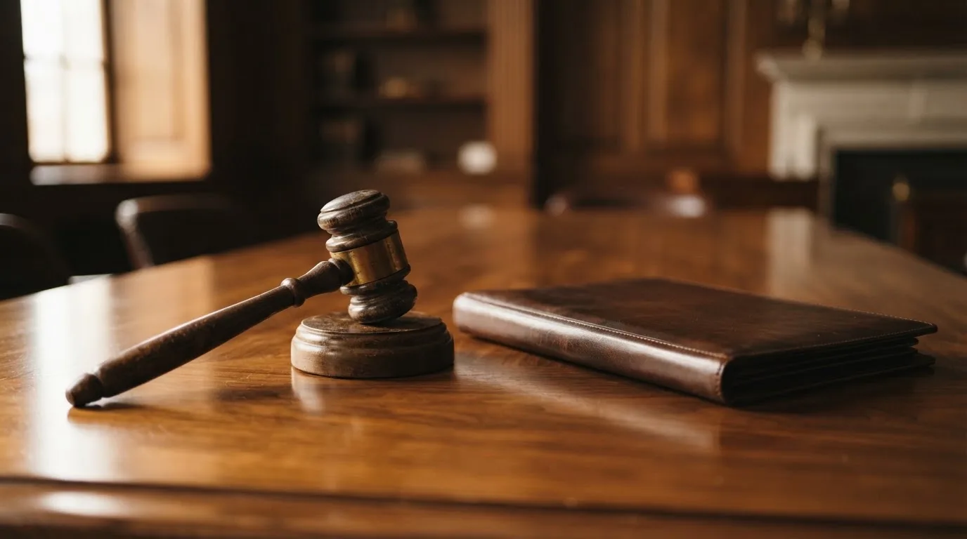 Un ciocan de judecător lângă un dosar de piele închis, pe o masă de nuc lustruit — aparate de cazinou din românia