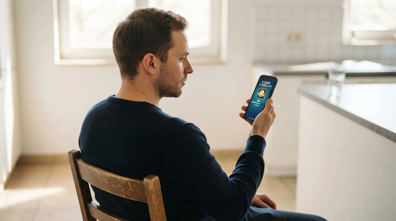 Bărbat stă pe un scaun de bucătărie și instalează o aplicație pe telefon, cu o expresie atentă, lângă fereastră.