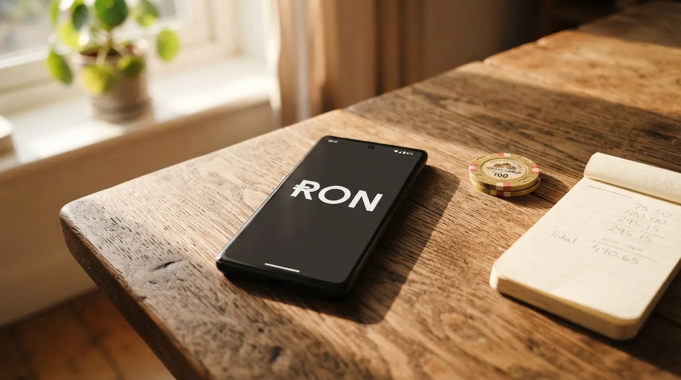 Smartphone așezat pe o masă de lemn lângă o monedă aurie și un calculator de buzunar, în lumina unei ferestre.
