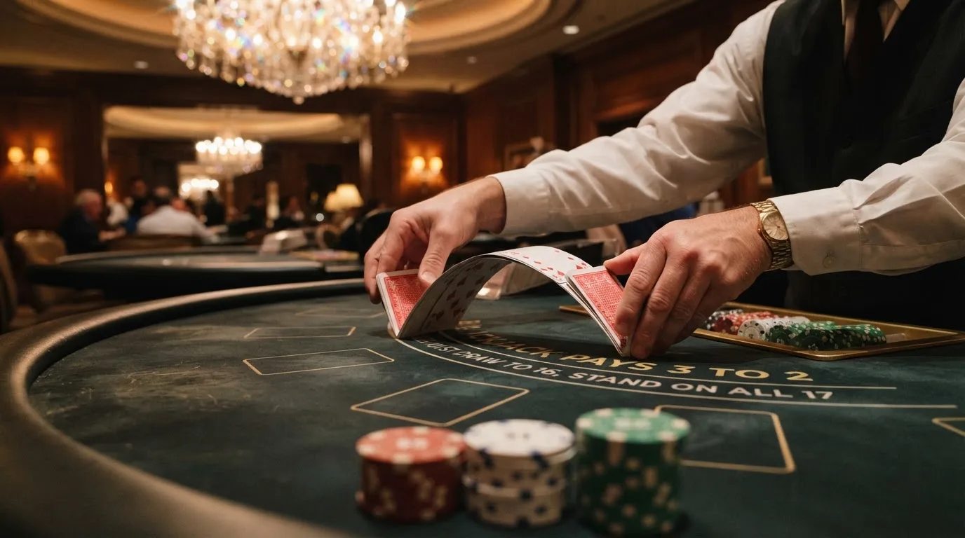 Mâinile unui crupier amestecă cărțile sub candelabrele unui cazinou elegant — blackjack reguli pentru români