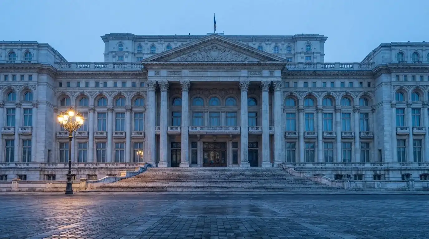 Fațada de piatră a unei clădiri guvernamentale din București, în lumina rece a zorilor — blackjack reguli pentru români