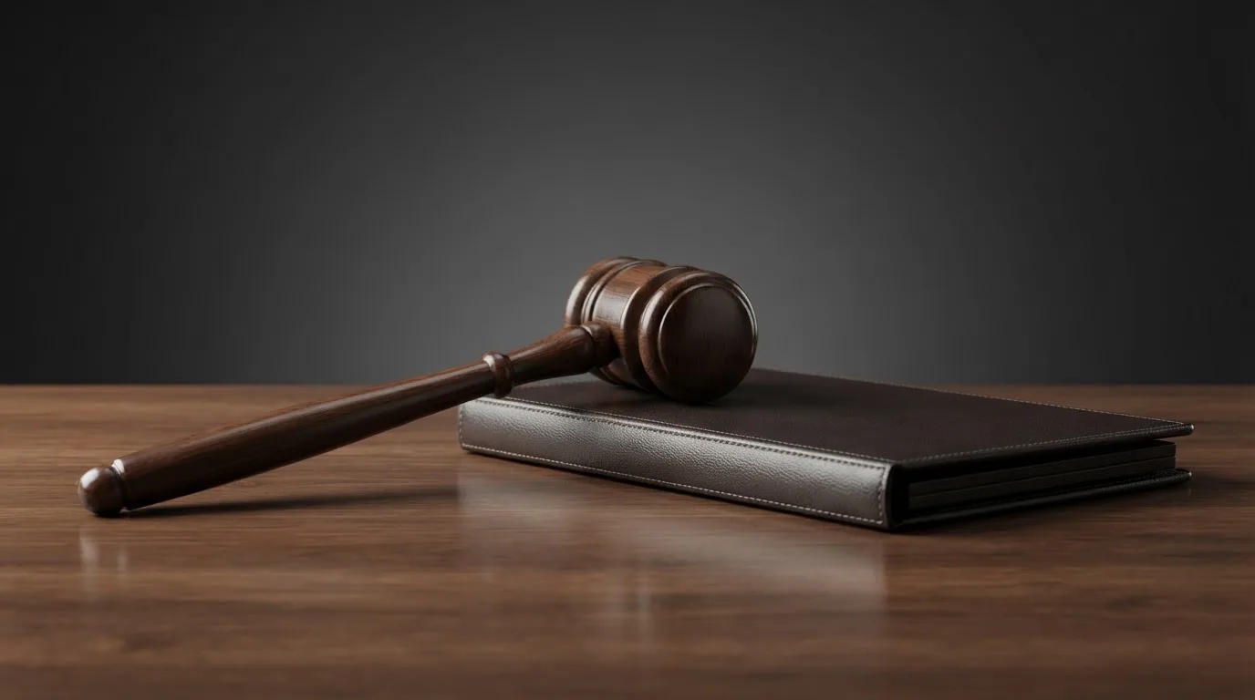 Un ciocan de judecător lângă un dosar de piele închis, pe o masă de nuc lustruit — bune cazinouri în românia
