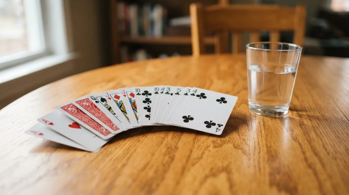 Un pachet de cărți de joc desfăcut evantai pe o masă de stejar, lângă un pahar cu apă — casino gratis în românia