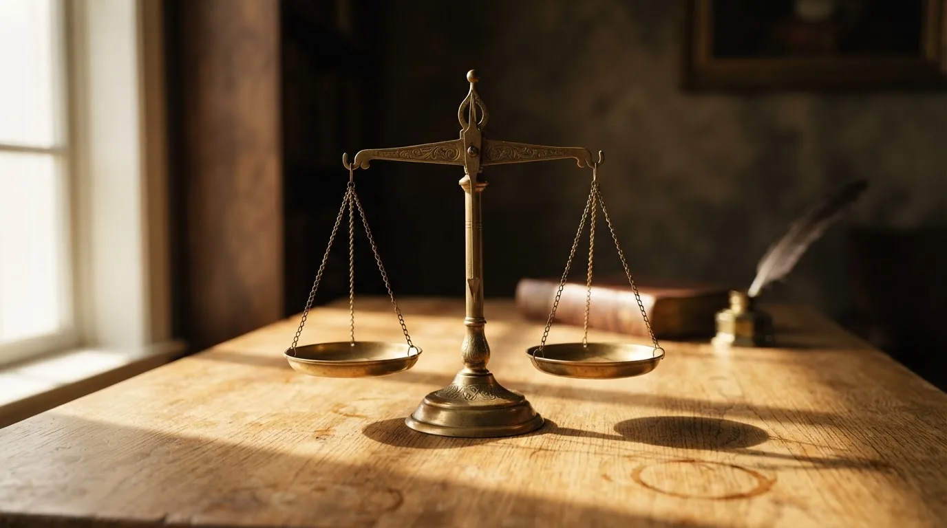 O balanță de alamă pe un birou de lemn, în lumina piezișă a unei ferestre înalte — casinouri online în romania