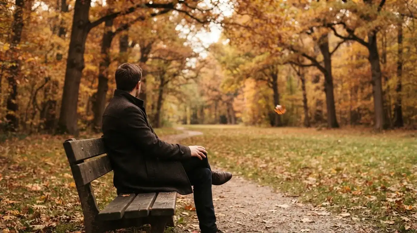 Un om pe o bancă din parc privește frunzele toamnei căzând, în lumină blândă — cazinouri fără licență în românia