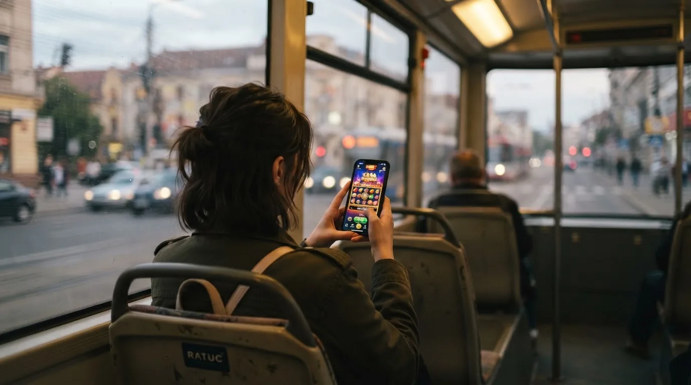 Tânără în tramvai ține telefonul cu ambele mâini și zâmbește, în timp ce afară se văd clădiri neclare în mișcare.