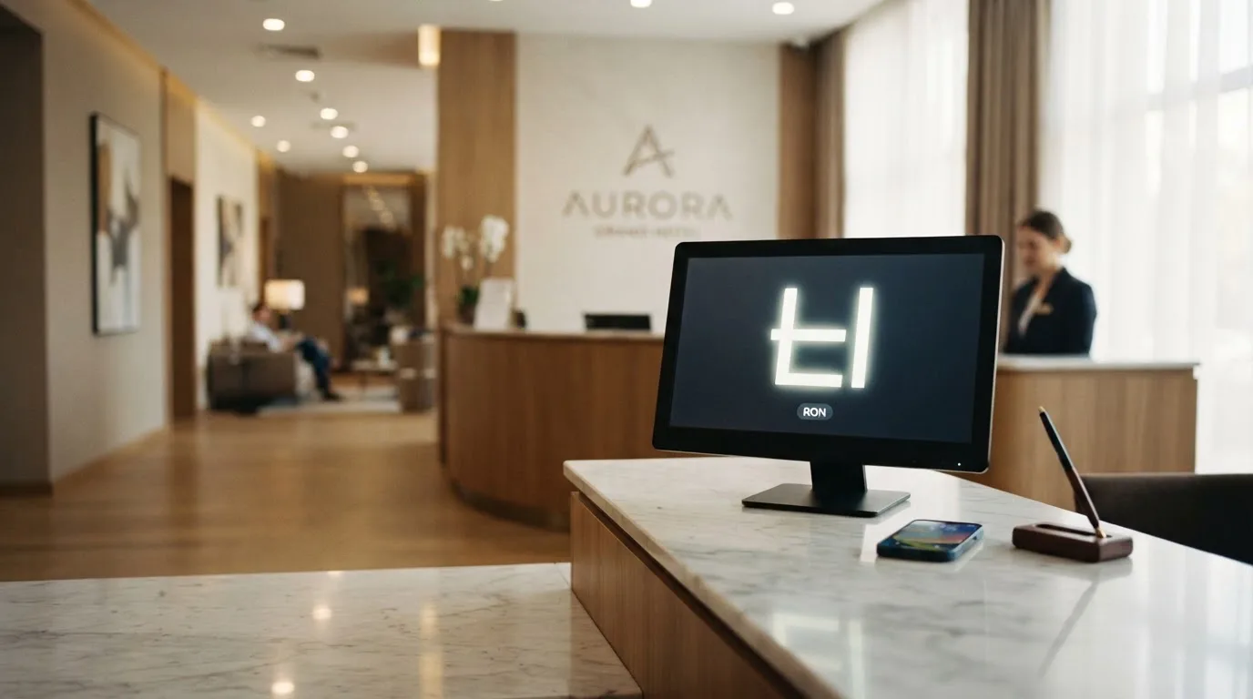 Birou de recepție într-un hol modern, cu un monitor discret pe un perete și o funcționară care răspunde la telefon.