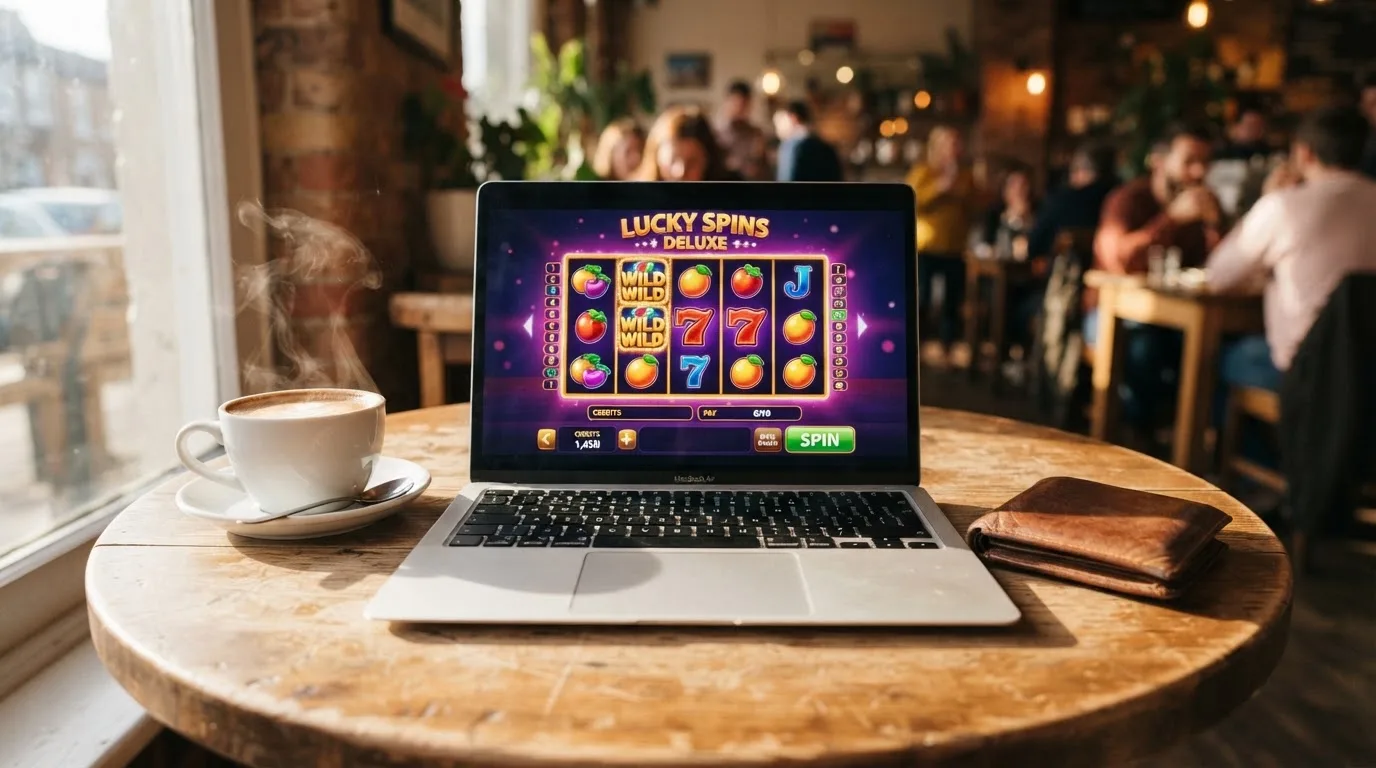 Laptop deschis pe o masă de cafenea, lângă un portofel de piele și o cană, cu lumina după-amiezii pe suprafața mesei.