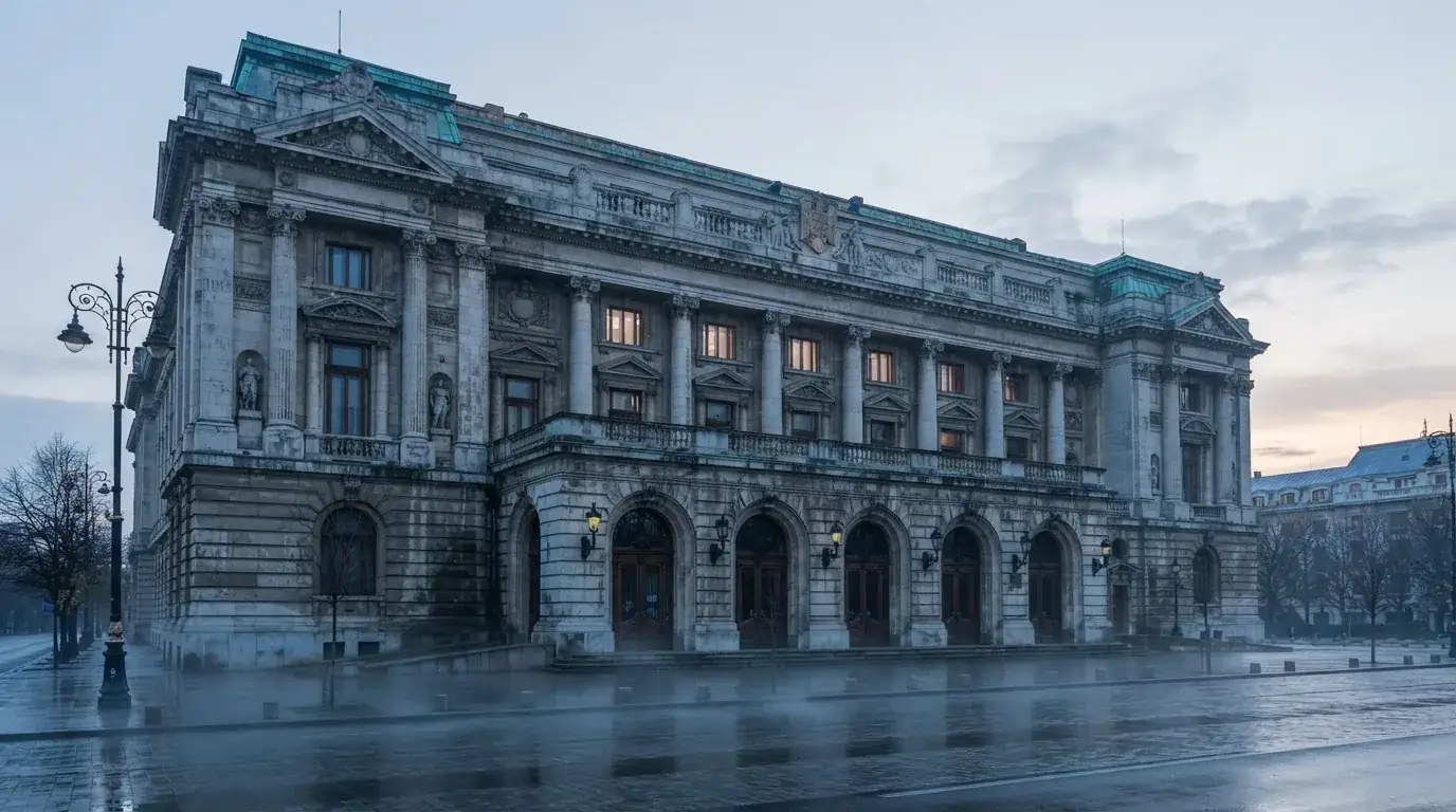 Fațada de piatră a unei clădiri guvernamentale din București, în lumina rece a zorilor — dogecoin cazinou în romania